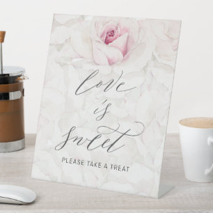 Modern Pink Rose Floral Wedding Love is Sweet Pedestal Sign