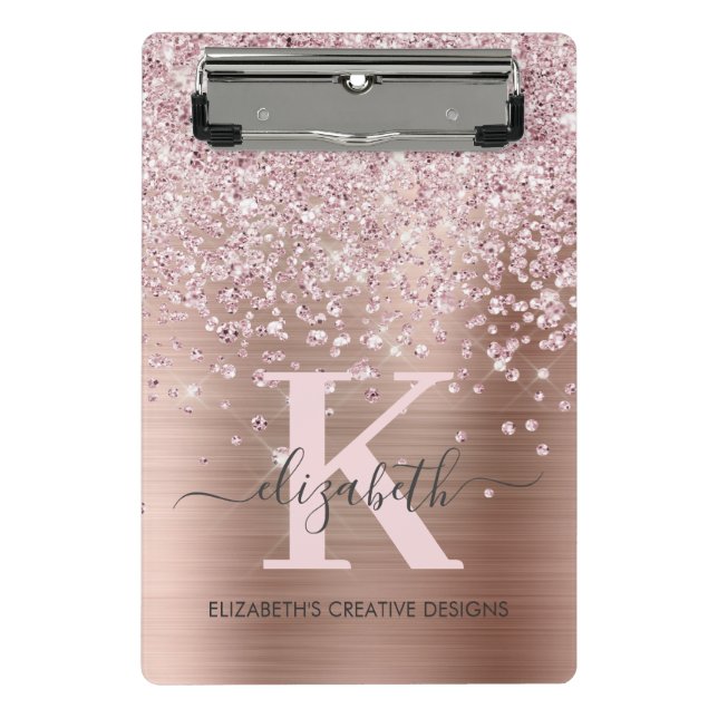 Modern Pink Rose Gold Diamond Glitter Monogrammed Mini Clipboard (Front)