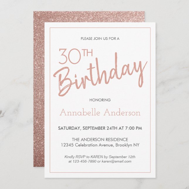 Modern Pink Rose Gold Glitter 30th Birthday Invitation (Front/Back)