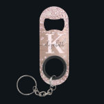 Modern Pink Rose Gold Glitter Diamond Monogram  Ke<br><div class="desc">Elegant, Modern, Luxury, Glam, Sparkle Girly faux rose gold glitter diamond confetti custom personalised monogrammed keychain bottle opener. Features a faux pink rose gold brushed metal background, with blush pink rose gold glitter and white diamonds confetti. Beautiful name template in hand lettering calligraphy font script with swashes. Add your name...</div>