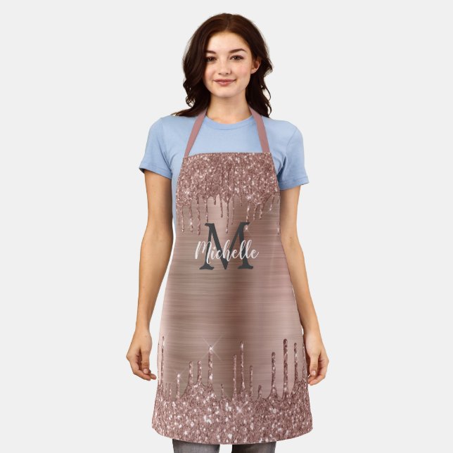 Modern Pink Rose Gold Glitter Drips Personalised Apron (Worn)