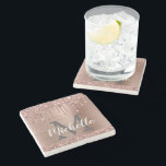 Modern Pink Rose Gold Glitter Drips Personalised Stone Coaster<br><div class="desc">Modern, girly rose gold glitter drips personalised name and monogrammed stone coaster. This design features blush pink rose gold glitter sparkle drips on faux pink brushed metal background with custom monogram initial and first name text template. Perfect girly personalised gift. If you need help or matching items, please contact me....</div>