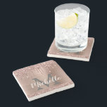 Modern Pink Rose Gold Glitter Drips Personalised Stone Coaster<br><div class="desc">Modern, girly rose gold glitter drips personalised name and monogrammed stone coaster. This design features blush pink rose gold glitter sparkle drips on faux pink brushed metal background with custom monogram initial and first name text template. Perfect girly personalised gift. If you need help or matching items, please contact me....</div>