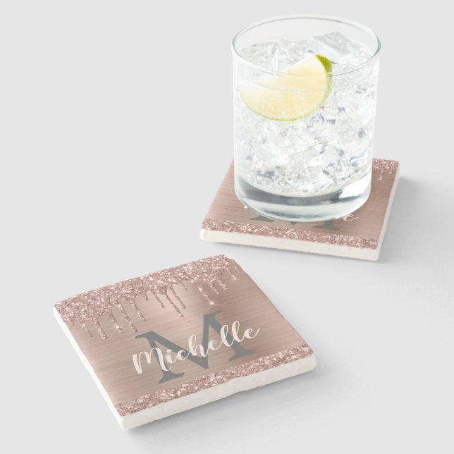 Modern Pink Rose Gold Glitter Drips Personalised Stone Coaster (Side)