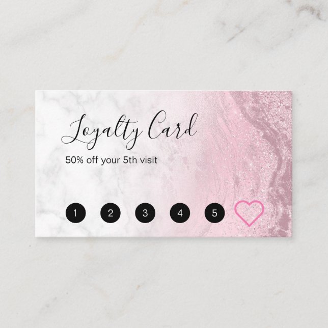 Modern pink rose gold glitter marble makeup artist loyalty card (Front)