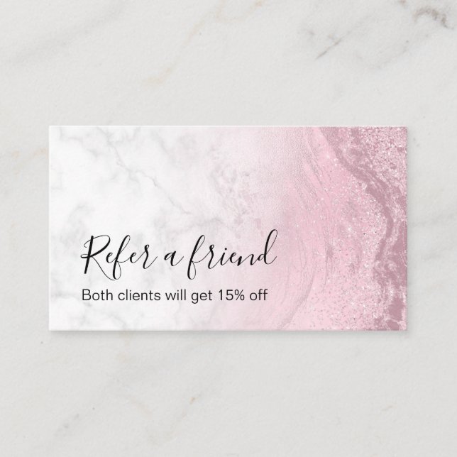 Modern pink rose gold glitter marble makeup artist referral card (Front)
