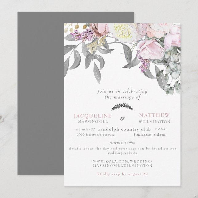 Modern Pink Rose & Grey Eucalyptus Website Wedding Invitation (Front/Back)