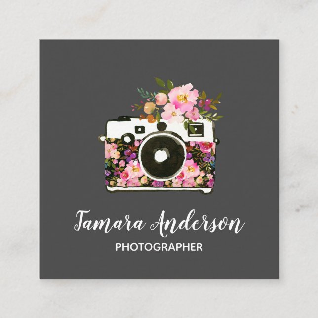 Modern Pink Rose Grey Floral Camera Photographer Square Business Card (Front)