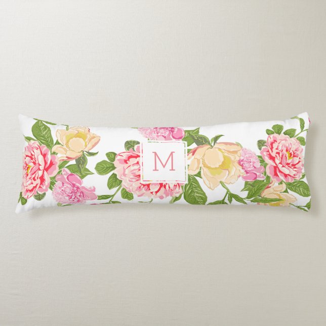 Modern Pink Roses 7 Yellow Flower Illustration Body Cushion (Front)