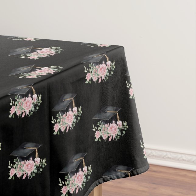 Modern Pink Roses Black Grad Cap Graduation Tablecloth (In Situ)