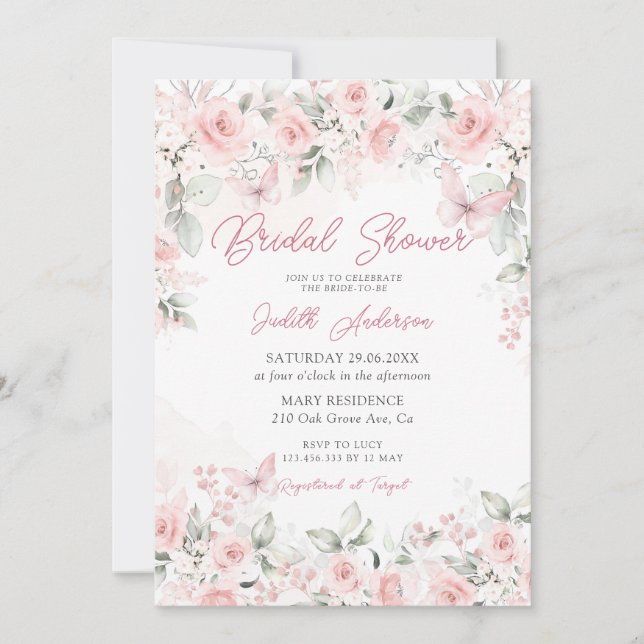 Modern Pink Roses Butterfly Bridal Shower  Invitation (Front)