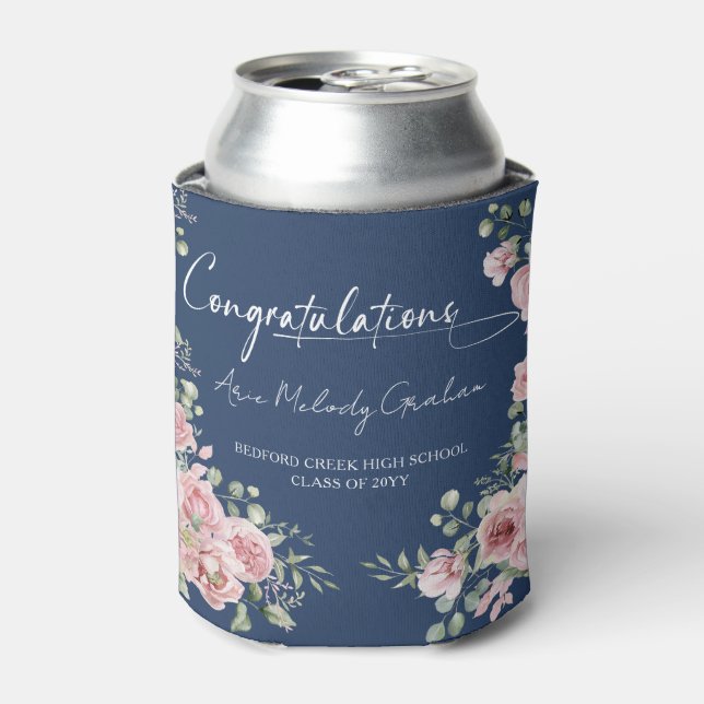 Modern Pink Roses Congratulations Graduation Can Cooler (Can Front)
