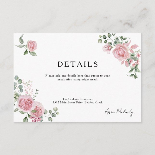 Modern Pink Roses Details Graduation Enclosure Card (Front)