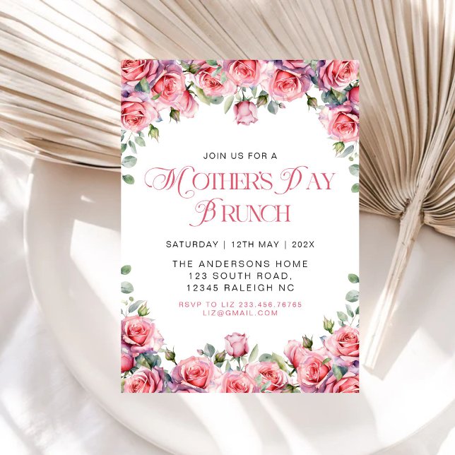 Modern Pink Roses Floral Mothers Day Brunch Invitation (Creator Uploaded)