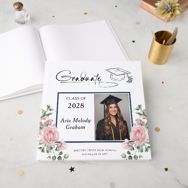 Modern Pink Roses Graduation 2 Photo Guest Book (Front Open)