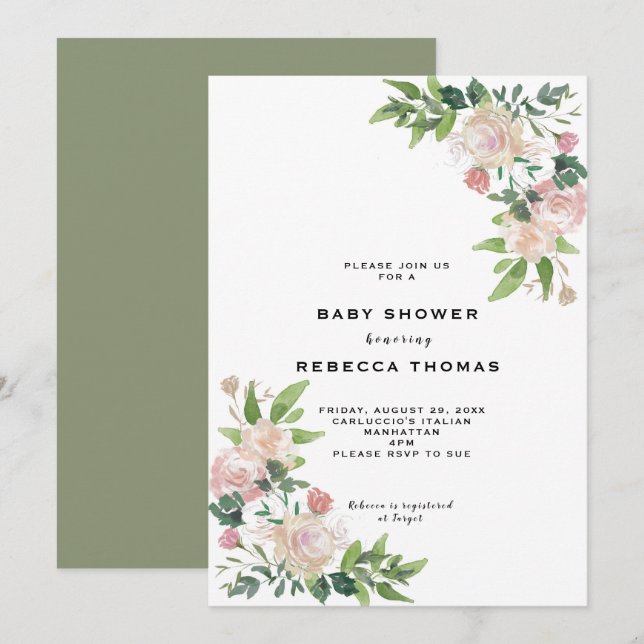 modern pink roses greenery baby shower invitation (Front/Back)