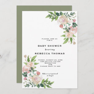 modern pink roses greenery baby shower invitation