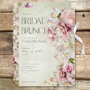 Modern Pink Roses & Lilies Green Bridal Brunch Invitation