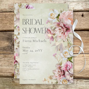 Modern Pink Roses & Lilies Green Bridal Shower Invitation