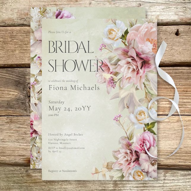 Modern Pink Roses & Lilies Green Bridal Shower Invitation (Modern Pink Roses & Lilies Green Bridal Shower Invitation)