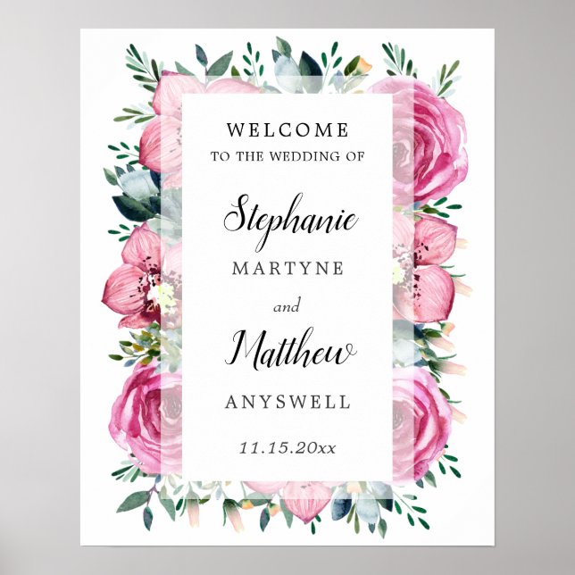 Modern Pink Roses Orchids Watercolor Wedding Poster (Front)