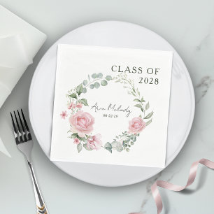 Modern Pink Roses Script Class of Graduation Napkin