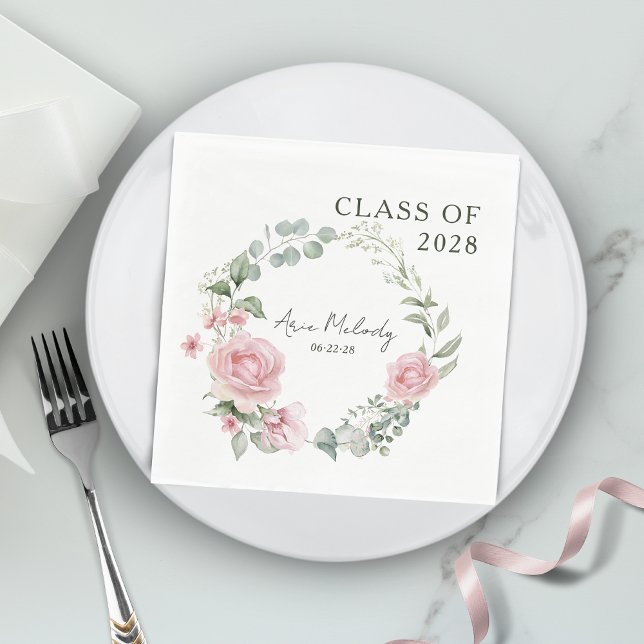 Modern Pink Roses Script Class of Graduation Napkin (Creator Uploaded)