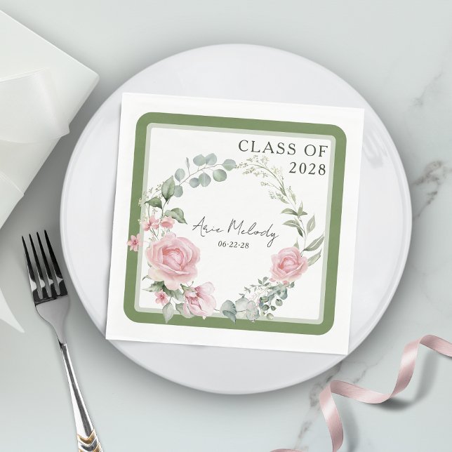 Modern Pink Roses Script Class of Graduation Napkin (Creator Uploaded)
