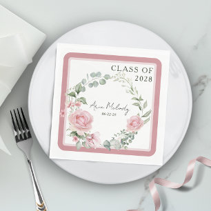 Modern Pink Roses Script Class of Graduation Napkin
