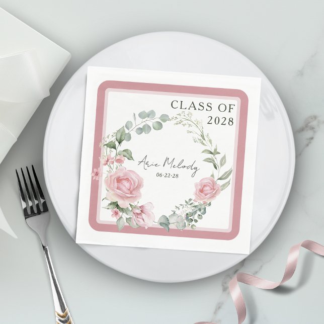 Modern Pink Roses Script Class of Graduation Napkin (Creator Uploaded)