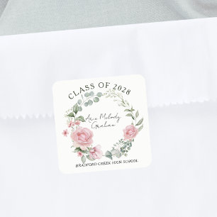 Modern Pink Roses Script Class of Graduation Square Sticker