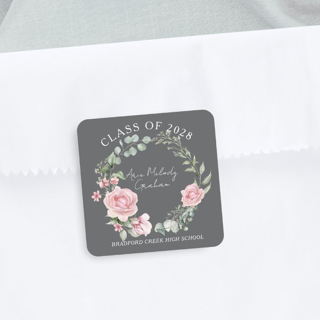 Modern Pink Roses Script Class of Graduation Square Sticker (Creator Uploaded)