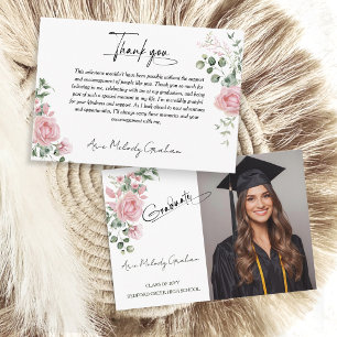 Modern Pink Roses Script Graduation Photo Thank You Card