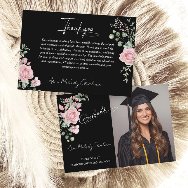 Modern Pink Roses Script Graduation Photo Thank You Card (Creator Uploaded)