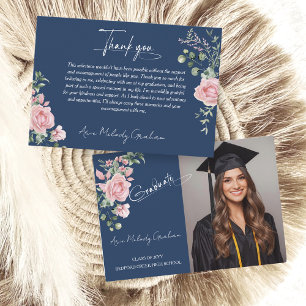 Modern Pink Roses Script Graduation Photo Thank You Card