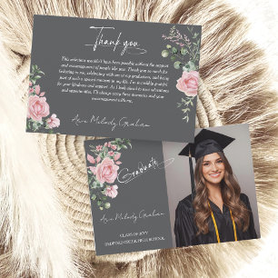 Modern Pink Roses Script Graduation Photo Thank You Card