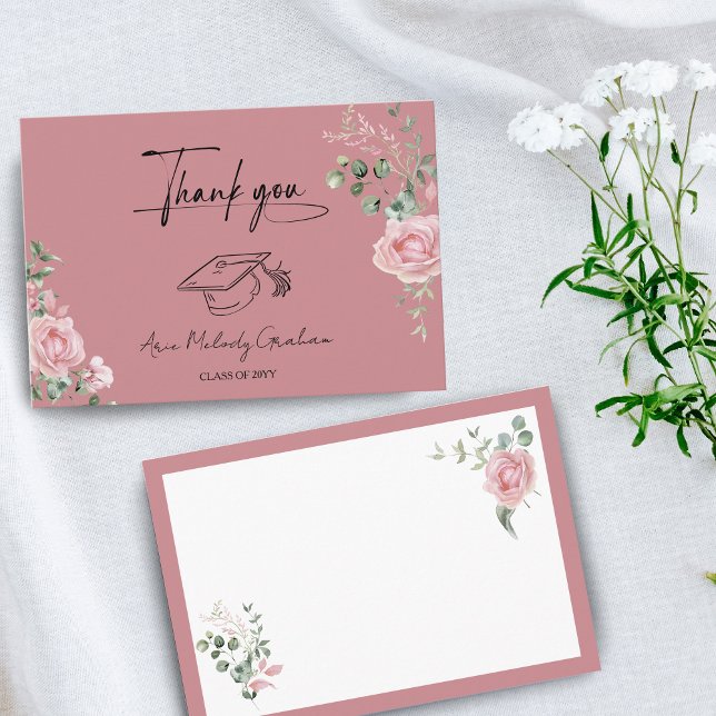 Modern Pink Roses Script Graduation Thank You Card (Creator Uploaded)