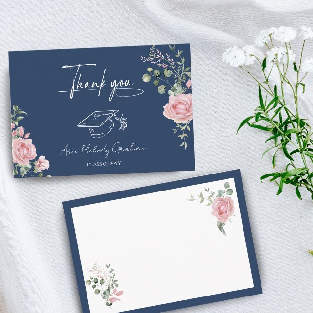 Modern Pink Roses Script Graduation Thank You Card (Creator Uploaded)