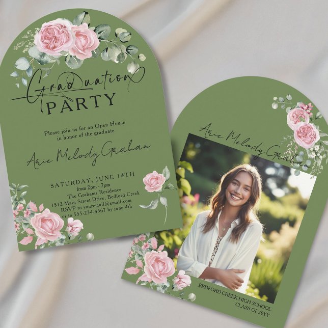 Modern pink roses script photo graduation invitation (Creator Uploaded)
