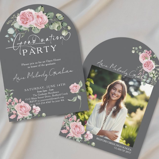 Modern pink roses script photo graduation invitation (Creator Uploaded)