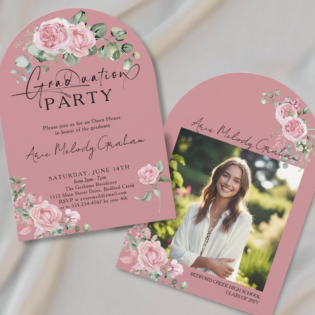 Modern pink roses script photo graduation invitation (Creator Uploaded)