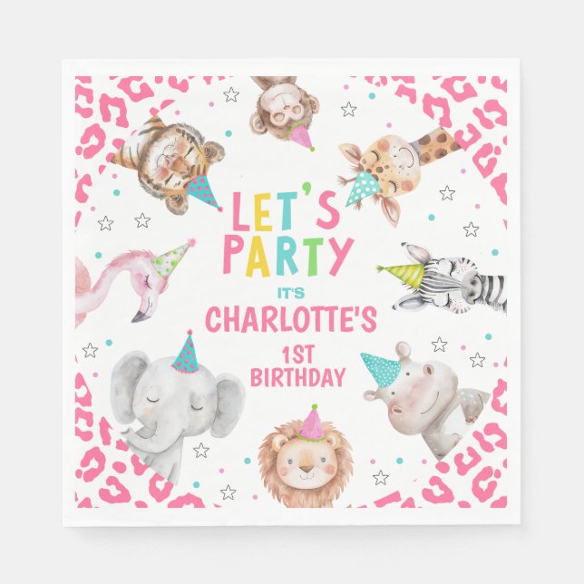Modern Pink Safari Calling Party Animals Birthday  Napkin (Front)