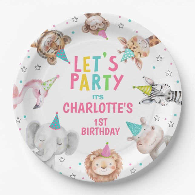 Modern Pink Safari Calling Party Animals Birthday Paper Plate (Front)