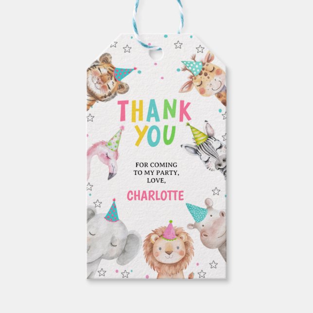 Modern Pink Safari Party Animals Birthday Gift Tag (Front)