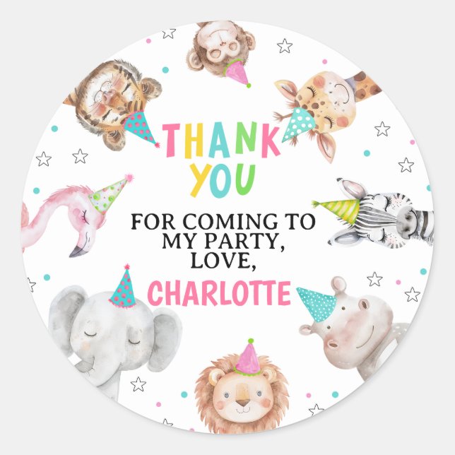 Modern Pink Safari Party Animals Birthday Sticker (Front)