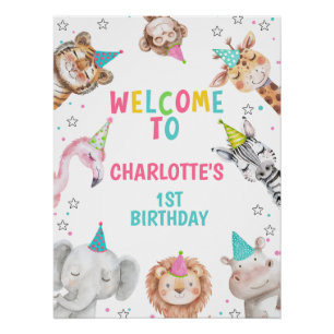Modern Pink Safari Party Animals Birthday Welcome  Poster