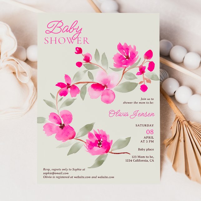 Modern pink sakura floral watercolor baby shower invitation (Modern pink sakura floral watercolor baby shower invitation on light green)