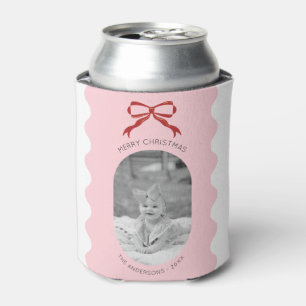 Modern Pink Scalloped Red Bow Christmas Photo  Can Cooler