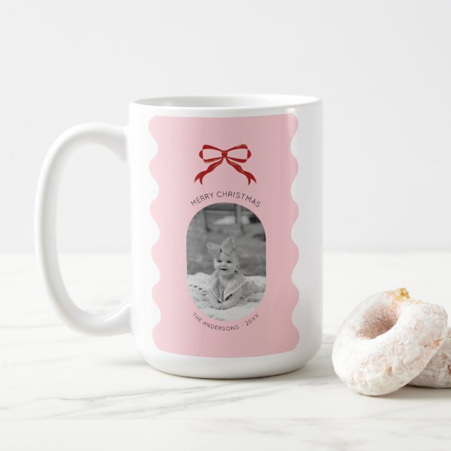 Modern Pink Scalloped Red Bow Christmas Photo  Coffee Mug (With Donut)