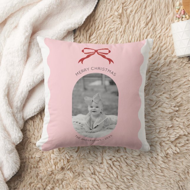 Modern Pink Scalloped Red Bow Christmas Photo  Cushion (Blanket)